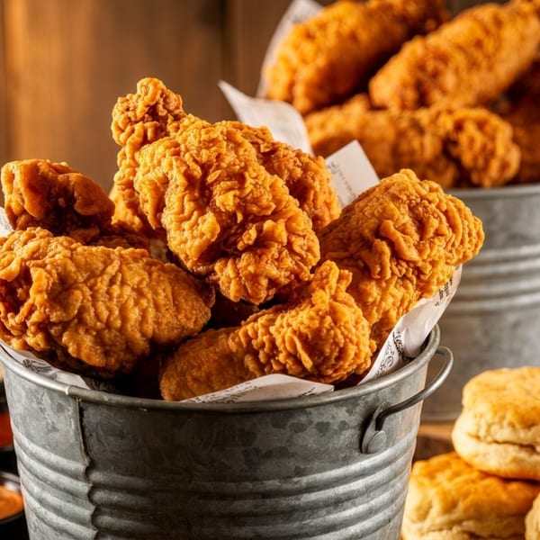 Crispy fried chicken pieces in two metal buckets with biscuits and dipping sauces on a wooden table.