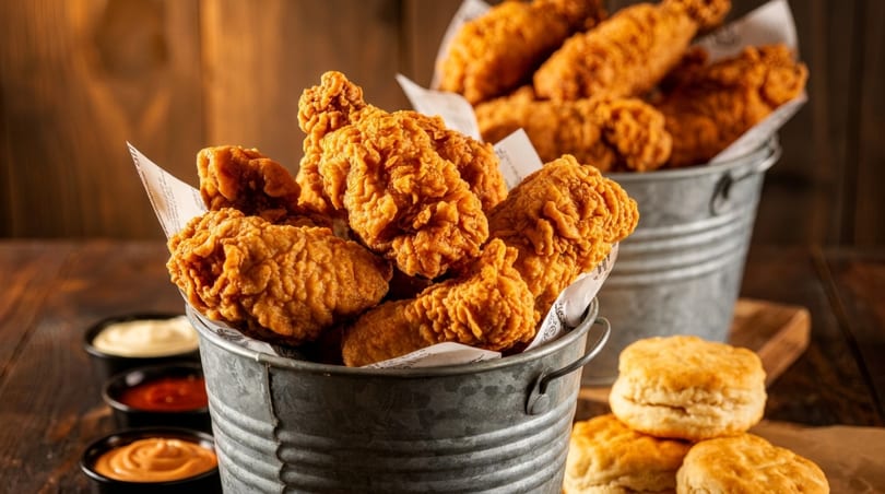 Crispy fried chicken pieces in two metal buckets with biscuits and dipping sauces on a wooden table.