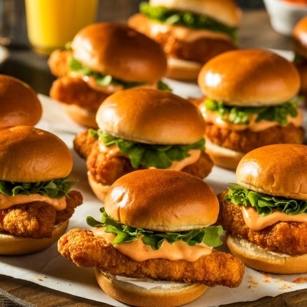 Numerous mini fried chicken sandwiches with lettuce and sauce on brioche buns, on a wooden board.
