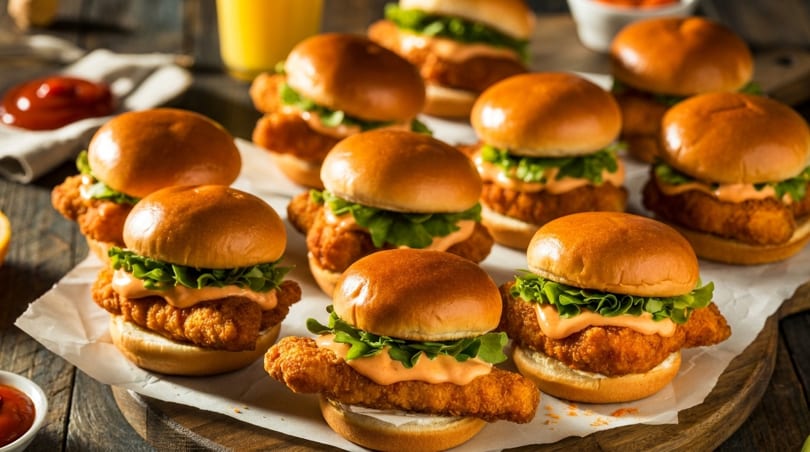 Numerous mini fried chicken sandwiches with lettuce and sauce on brioche buns, on a wooden board.