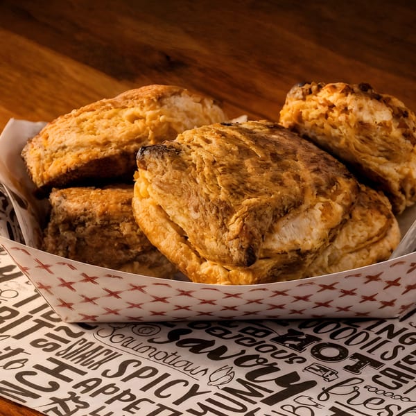 Golden brown biscuits in a paper tray, resting on a black and white patterned paper on a wooden table.