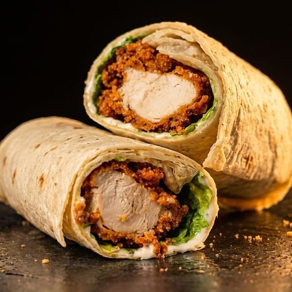 Two halves of a crispy chicken wrap with lettuce and sauce on a dark surface.