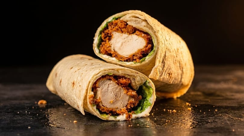 Two halves of a crispy chicken wrap with lettuce and sauce on a dark surface.