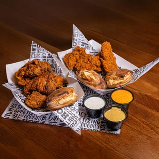 3 Pieces Tenders, 3 Piece Fried Chicken (Bone-In), 3 Sauces, 3 Rustic Butter Biscuits